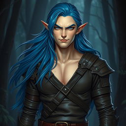 A semi-elf male appearing around 16 years old, with long, flowing blue hair that cascades elegantly over his shoulders