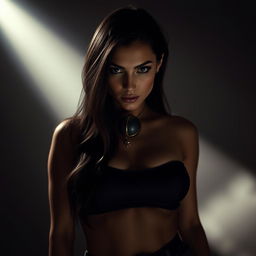 A striking portrait of a woman with a ball gag, set against a dramatic lighting backdrop