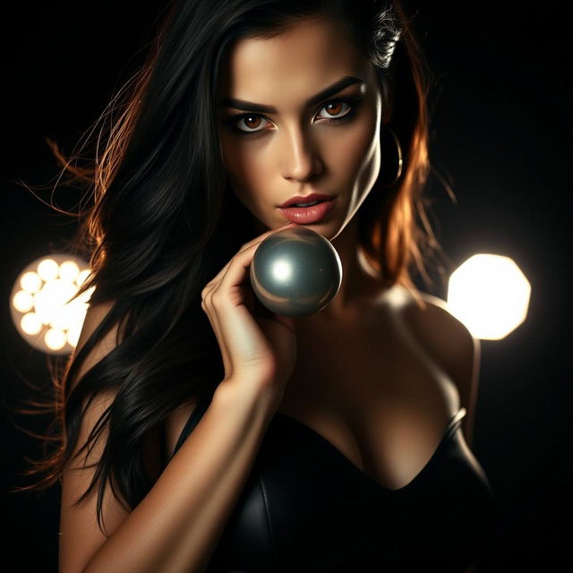 A striking portrait of a woman with a ball gag, set against a dramatic lighting backdrop
