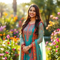 A full-length portrait of a woman elegantly dressed in a traditional Punjabi suit