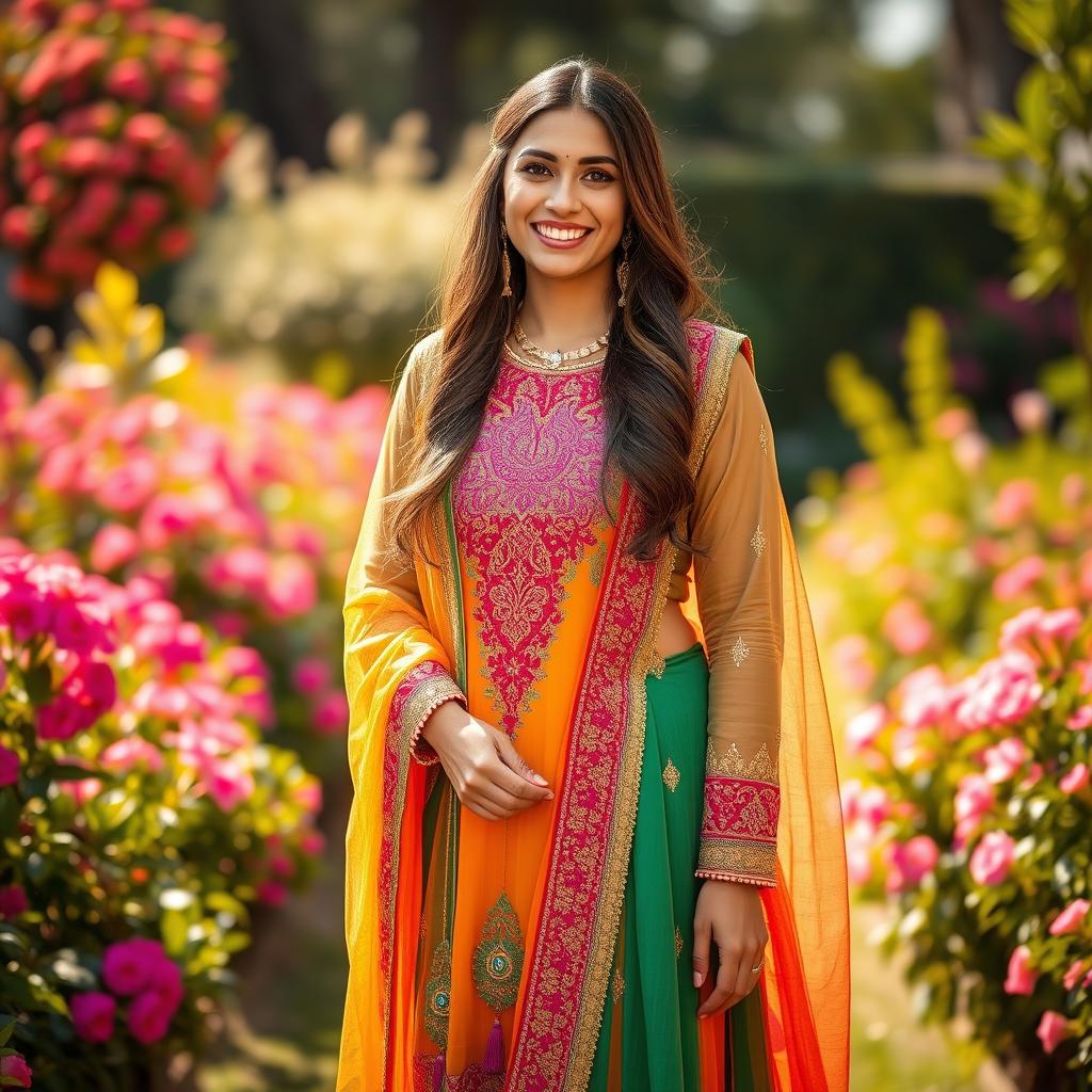 A full-length portrait of a woman elegantly dressed in a traditional Punjabi suit