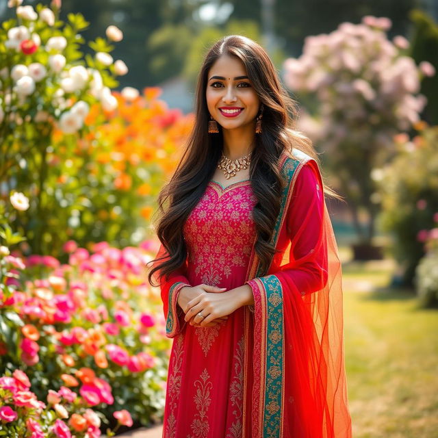 A full-length portrait of a woman elegantly dressed in a traditional Punjabi suit