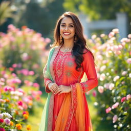 A full-length portrait of a woman elegantly dressed in a traditional Punjabi suit