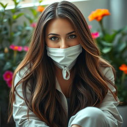 A beautiful woman with long flowing hair dressed in casual, stylish clothing, sitting in a serene setting, looking calm and confident