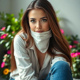 A beautiful woman with long flowing hair dressed in casual, stylish clothing, sitting in a serene setting, looking calm and confident