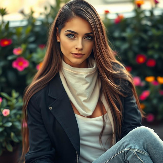 A beautiful woman with long flowing hair dressed in casual, stylish clothing, sitting in a serene setting, looking calm and confident