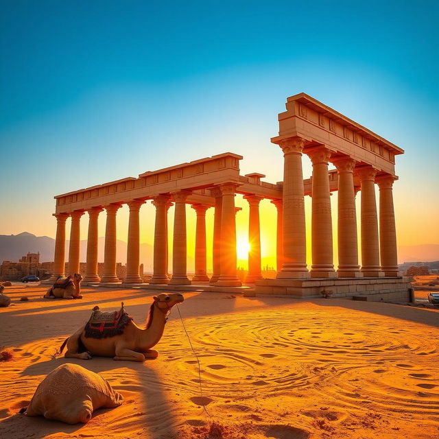 A scenic landscape of Syria showcasing the ancient ruins of Palmyra, surrounded by golden desert sands and clear blue skies