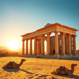 A scenic landscape of Syria showcasing the ancient ruins of Palmyra, surrounded by golden desert sands and clear blue skies