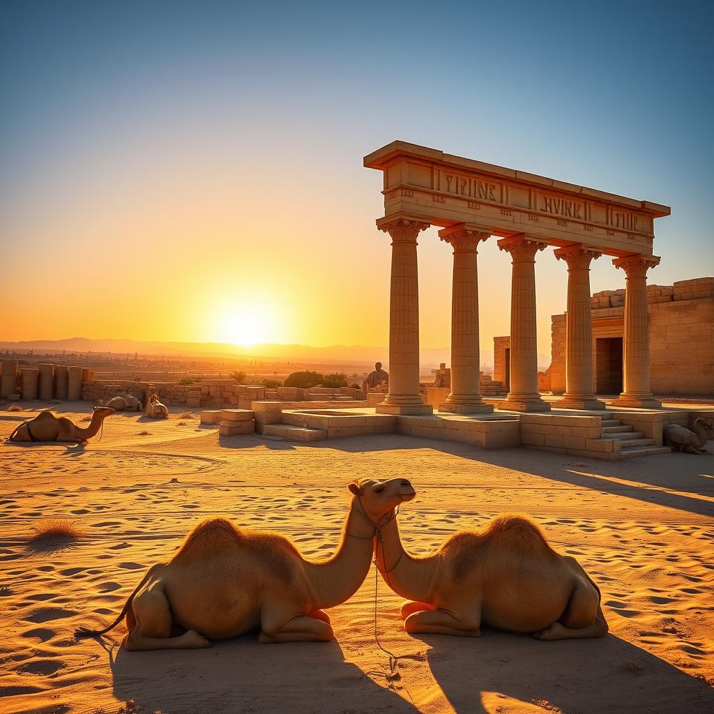 A scenic landscape of Syria showcasing the ancient ruins of Palmyra, surrounded by golden desert sands and clear blue skies