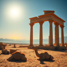 A scenic landscape of Syria showcasing the ancient ruins of Palmyra, surrounded by golden desert sands and clear blue skies
