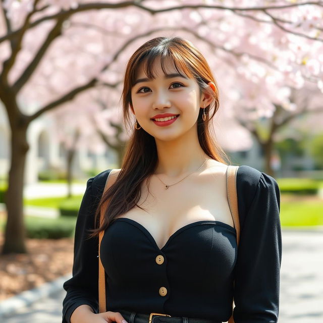 A beautiful South Korean college student with large, round breasts, displaying a flirty smile