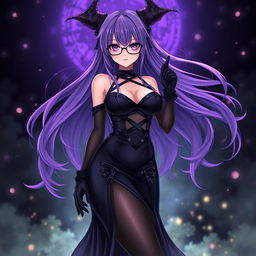 A sexy demonic anime girl witch with long, flowing purple hair that elegantly cascades down her shoulders, complemented by chic glasses that accentuate her captivating eyes