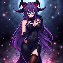 A sexy demonic anime girl witch with long, flowing purple hair that elegantly cascades down her shoulders, complemented by chic glasses that accentuate her captivating eyes