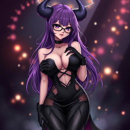 A sexy demonic anime girl witch with long, flowing purple hair that elegantly cascades down her shoulders, complemented by chic glasses that accentuate her captivating eyes