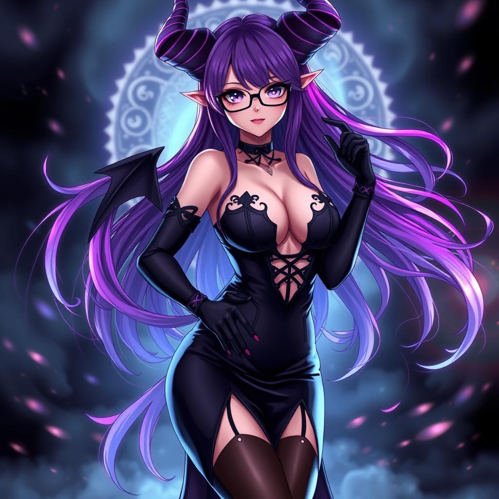 A sexy demonic anime girl witch with long, flowing purple hair that elegantly cascades down her shoulders, complemented by chic glasses that accentuate her captivating eyes