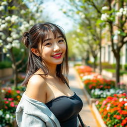 A beautiful South Korean college student with large, round breasts, displaying a playful and flirtatious expression