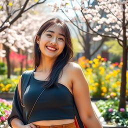 A beautiful South Korean college student with large, round breasts, displaying a playful and flirtatious expression