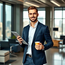 A professional office man standing confidently in a modern office environment, wearing a tailored navy blue suit and a crisp white shirt, holding a tablet in one hand and a coffee cup in the other