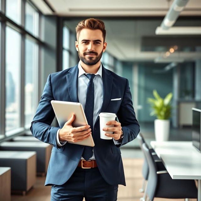 A professional office man standing confidently in a modern office environment, wearing a tailored navy blue suit and a crisp white shirt, holding a tablet in one hand and a coffee cup in the other