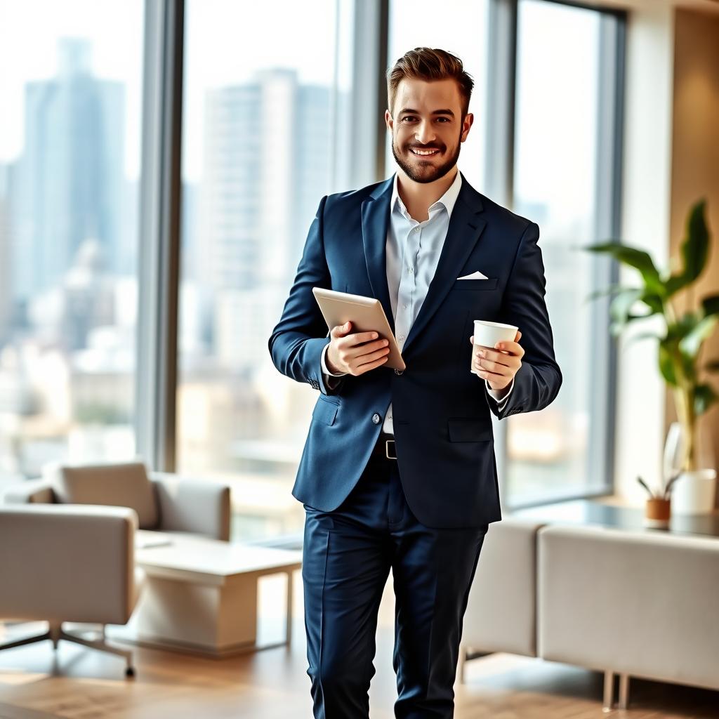 A professional office man standing confidently in a modern office environment, wearing a tailored navy blue suit and a crisp white shirt, holding a tablet in one hand and a coffee cup in the other