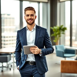 A professional office man standing confidently in a modern office environment, wearing a tailored navy blue suit and a crisp white shirt, holding a tablet in one hand and a coffee cup in the other