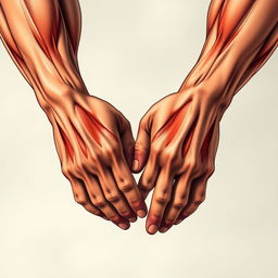 A detailed illustration of human hands with well-defined biceps and triceps muscles visually integrated into the arms