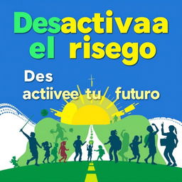 A vibrant and motivational poster promoting a drug prevention program titled "Desactiva el riesgo: activa tu futuro"