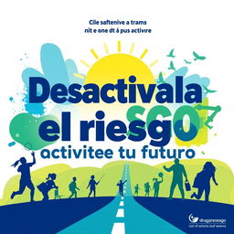 A vibrant and motivational poster promoting a drug prevention program titled "Desactiva el riesgo: activa tu futuro"