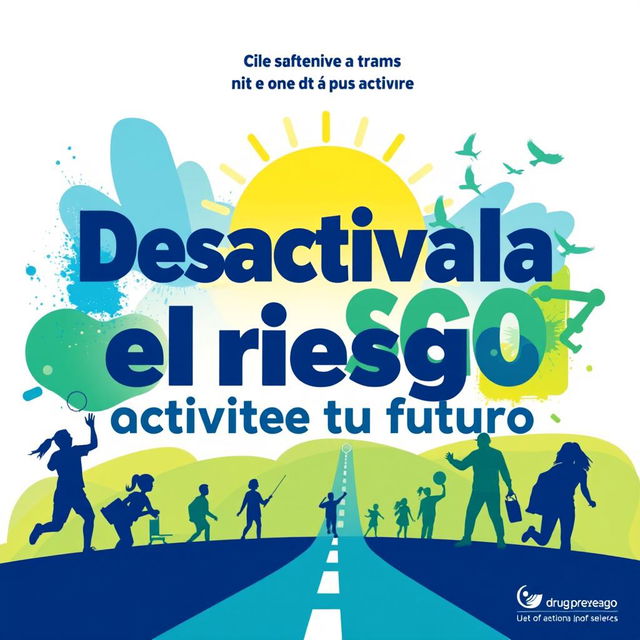 A vibrant and motivational poster promoting a drug prevention program titled "Desactiva el riesgo: activa tu futuro"