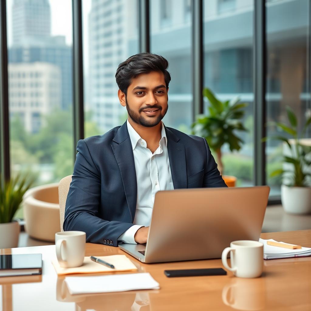 A professional Indian man in office attire, sitting at a modern desk in a spacious corporate office