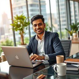 A professional Indian man in office attire, sitting at a modern desk in a spacious corporate office