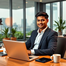A professional Indian man in office attire, sitting at a modern desk in a spacious corporate office