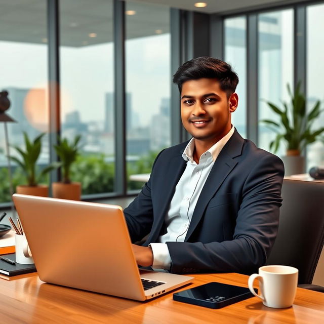 A professional Indian man in office attire, sitting at a modern desk in a spacious corporate office