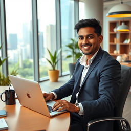 A professional Indian man in office attire, sitting at a modern desk in a spacious corporate office