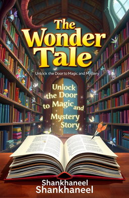 An enchanted library filled with towering shelves of colorful books, magical creatures peeking out from behind the shelves, and lively illustrations animating the surroundings