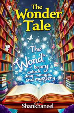 An enchanted library filled with towering shelves of colorful books, magical creatures peeking out from behind the shelves, and lively illustrations animating the surroundings