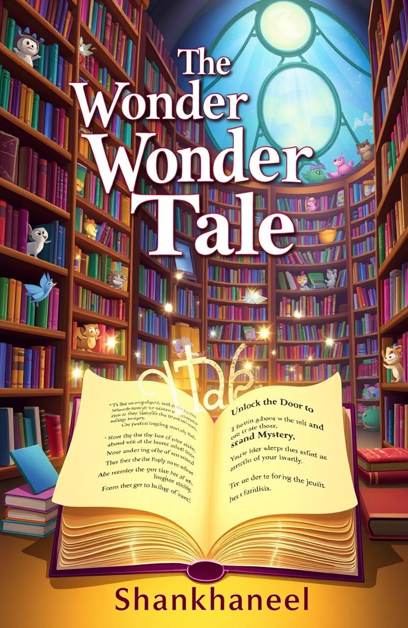 An enchanted library filled with towering shelves of colorful books, magical creatures peeking out from behind the shelves, and lively illustrations animating the surroundings