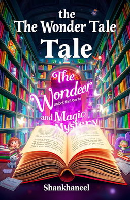 An enchanted library filled with towering shelves of colorful books, magical creatures peeking out from behind the shelves, and lively illustrations animating the surroundings