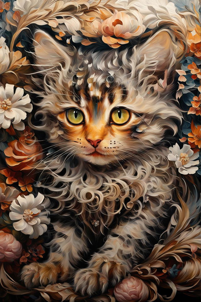 A high-definition, Rococo style oil painting of a kitten