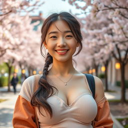 A stunning South Korean college student with large, round breasts, flashing a playful and cheeky smile