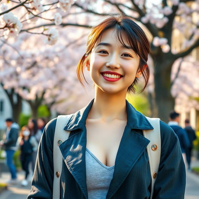 A stunning South Korean college student with large, round breasts, flashing a playful and cheeky smile