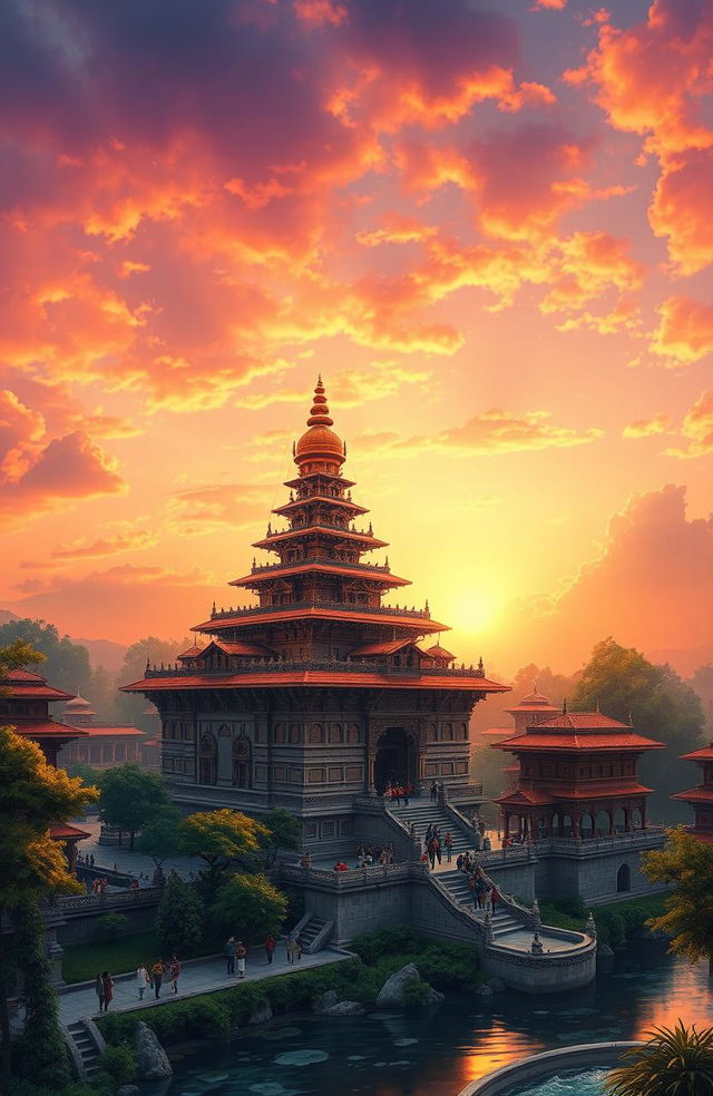 A stunning digital painting of the beautiful Pashupatinath Temple in Nepal, showcasing its intricate architecture and towering pagoda-style roofs