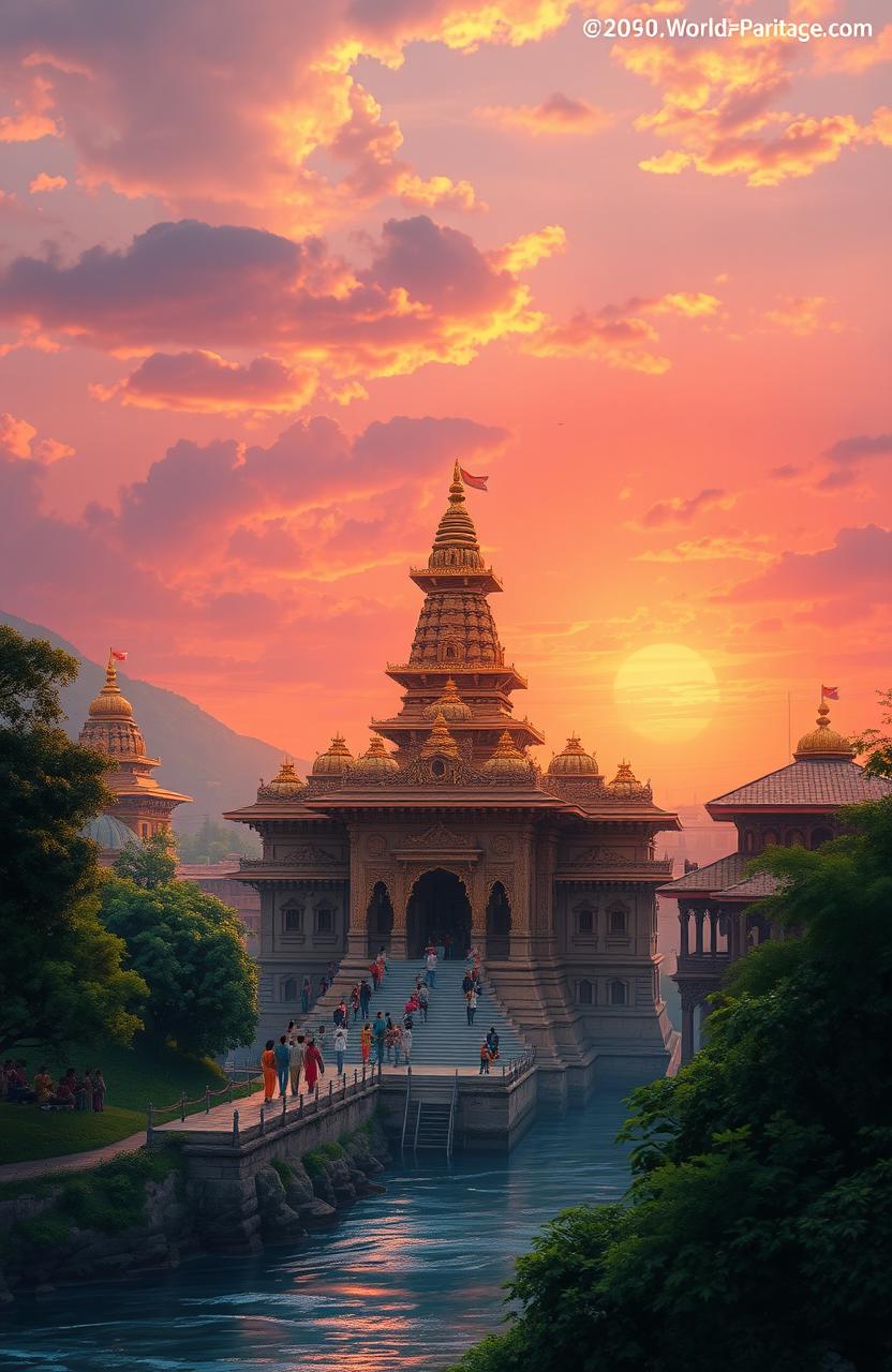 A stunning digital painting of the beautiful Pashupatinath Temple in Nepal, showcasing its intricate architecture and towering pagoda-style roofs