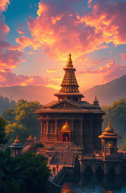 A stunning digital painting of the beautiful Pashupatinath Temple in Nepal, showcasing its intricate architecture and towering pagoda-style roofs