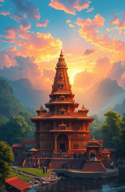 A stunning digital painting of the beautiful Pashupatinath Temple in Nepal, showcasing its intricate architecture and towering pagoda-style roofs