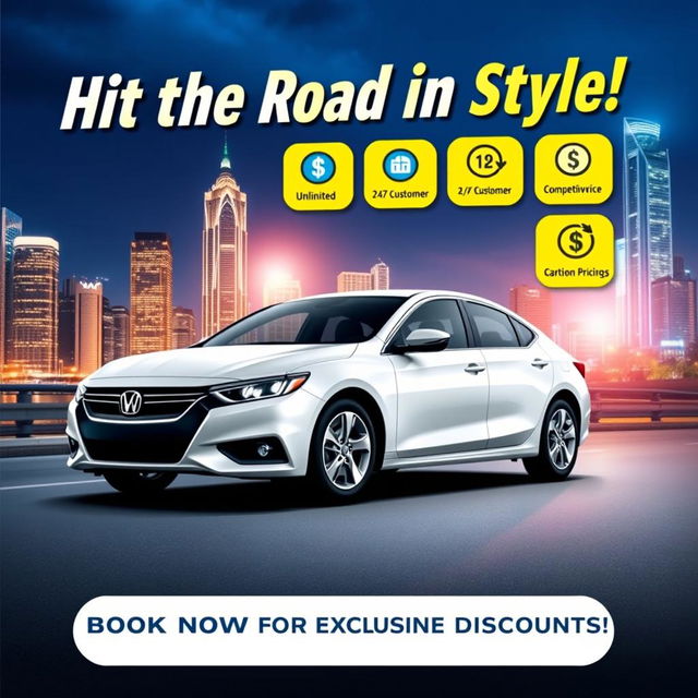 A vibrant and eye-catching car rental poster featuring a sleek and modern rental car in the foreground, set against a stunning cityscape backdrop with bright lights illuminating the night sky