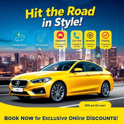 A vibrant and eye-catching car rental poster featuring a sleek and modern rental car in the foreground, set against a stunning cityscape backdrop with bright lights illuminating the night sky