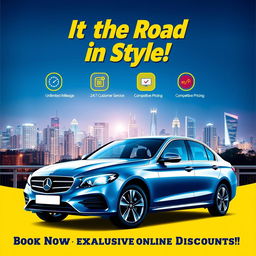 A vibrant and eye-catching car rental poster featuring a sleek and modern rental car in the foreground, set against a stunning cityscape backdrop with bright lights illuminating the night sky