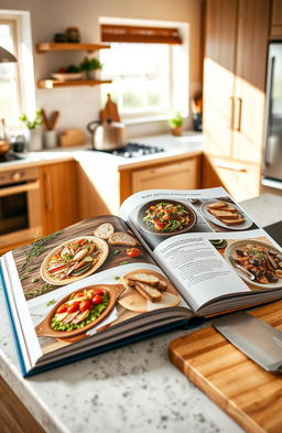 A beautifully designed cookbook open on a kitchen countertop, showcasing vibrant colorful dishes with fresh ingredients like herbs, vegetables, and fruits surrounding the pages