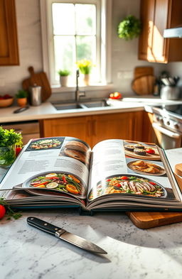 A beautifully designed cookbook open on a kitchen countertop, showcasing vibrant colorful dishes with fresh ingredients like herbs, vegetables, and fruits surrounding the pages